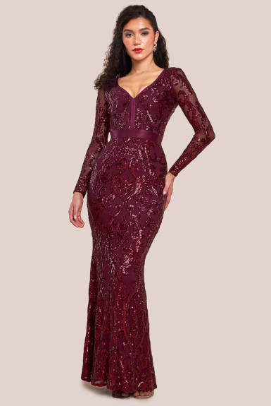 Goddiva - Embroidered Sequin & Mesh Maxi Dress