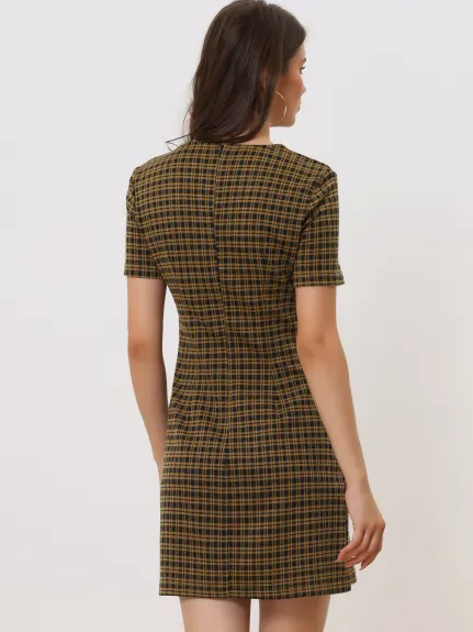 Allegra K- Short Sleeve Vintage Houndstooth Pencil Sheath Dress