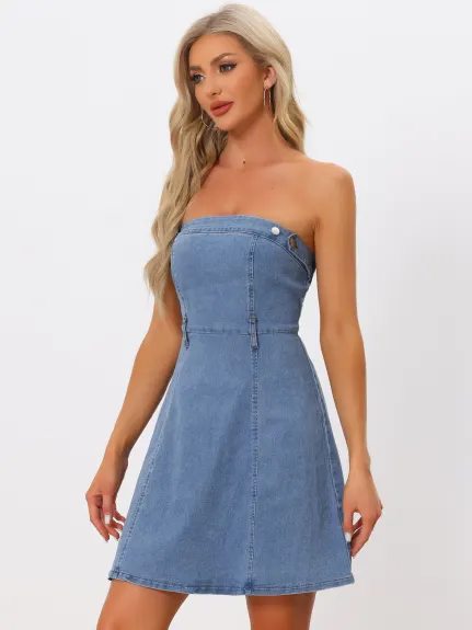 Allegra K - Strapless Sleeveless Tube Denim Dress