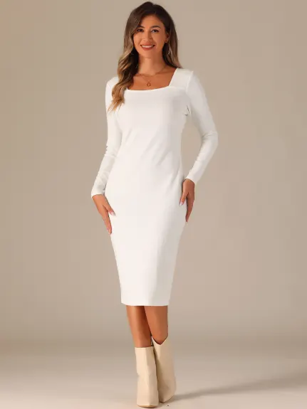 Allegra K - Square Neck Belt Bodycon Long Sleeve Dress