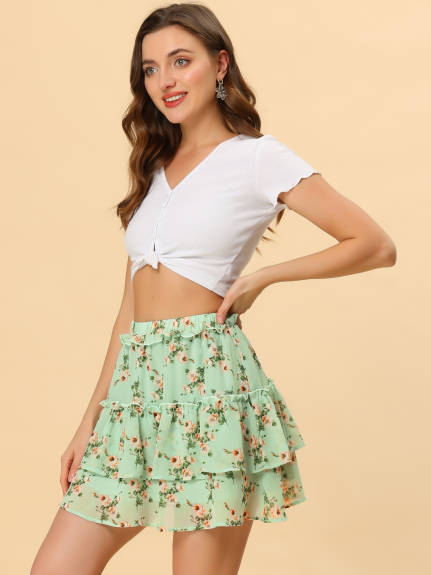 Allegra K- Layered Ruffle Elastic Waist Floral Mini Skirt