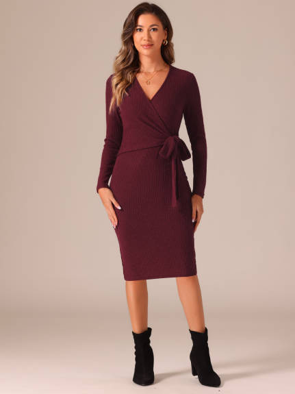 Allegra K - V-Neck Tie Waist Bodycon Sweater Dress