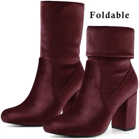 Allegra K - Bottes mi-mollet pliables à talons blocs et bout rond