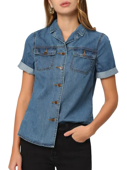 Allegra K- Button Down Notched Collar Jean Shirt