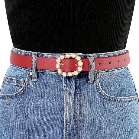 Allegra K- Pearl Waistband Skinny Leather Pin Buckle Belt