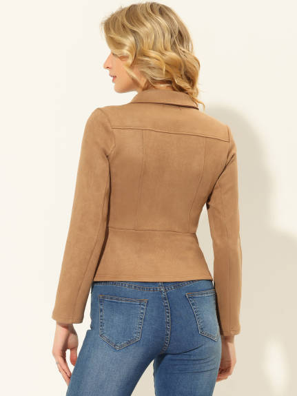 Allegra K- Faux Suede Jacket Short Zip Up Motor Biker Coat