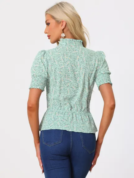 Allegra K - Ruffled Neck Summer Floral Peplum Top