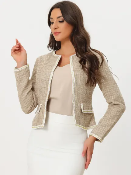 Allegra K- Plaid Tweed Open Front Short Blazer