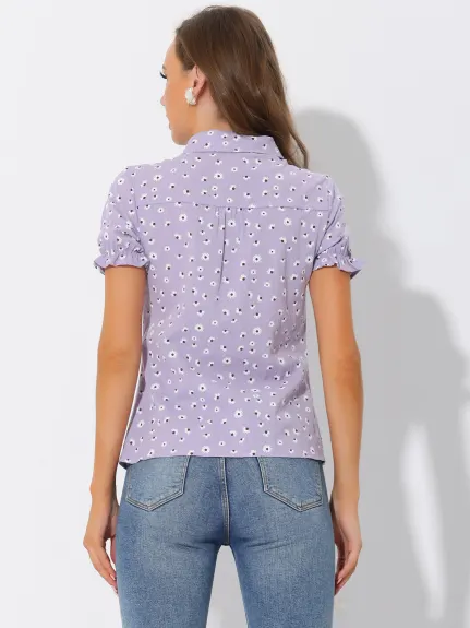 Allegra K - Frilled Short Sleeve Floral Cotton Shirt