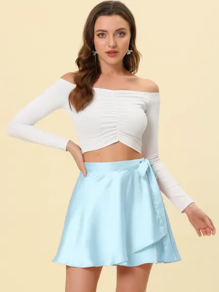 Allegra K- Satin Mini Wrap Skater Skirt