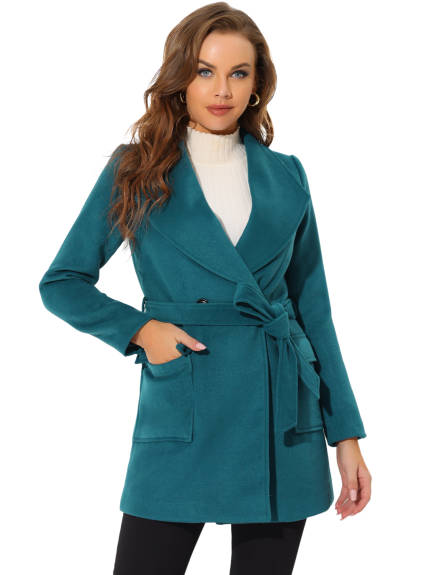 Allegra K- Shawl Collar Lapel Belted Long Trenchcoat