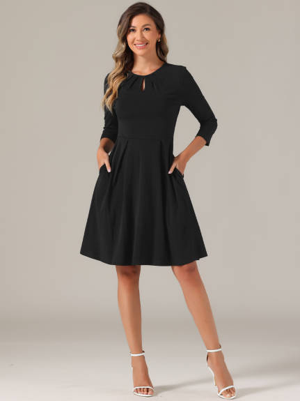 Allegra K- Pleated Crew Neck A-Line Dress