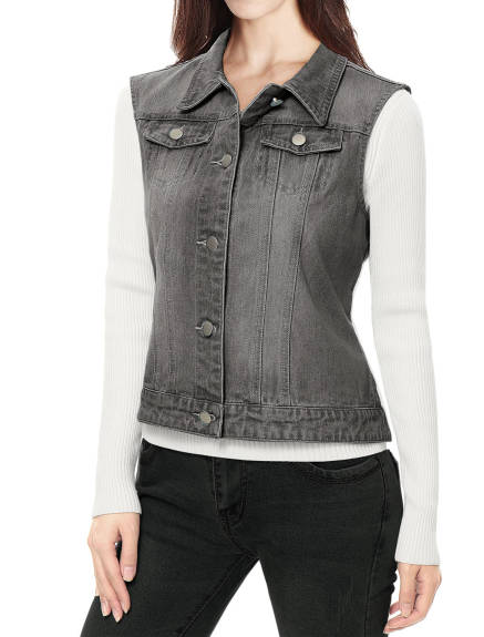 Allegra K- Washed Denim Buttoned Vest with Flap Pockets