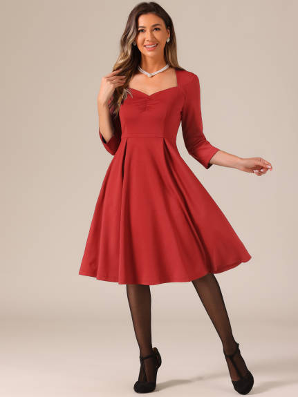 Allegra K- 3/4 Sleeve Sweetheart Neck Pleated Midi Dress