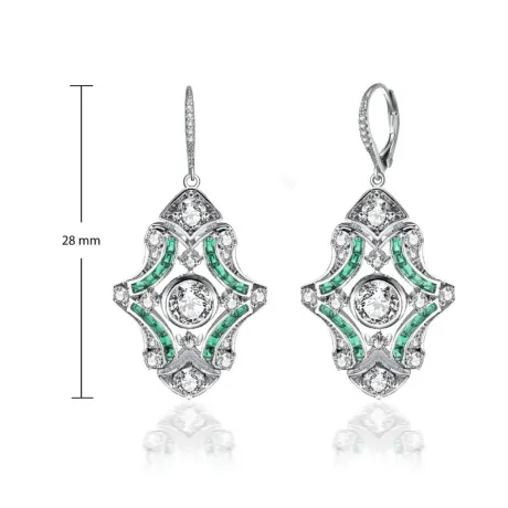 Genevive Sterling Silver White Gold Plated with Colored Cubic Zirconia Art Deco Lever Back Earrings