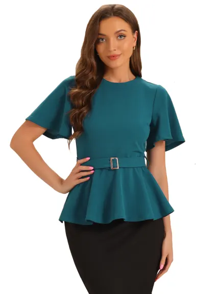 Allegra K - Bell Sleeve Belted Waist Peplum Top