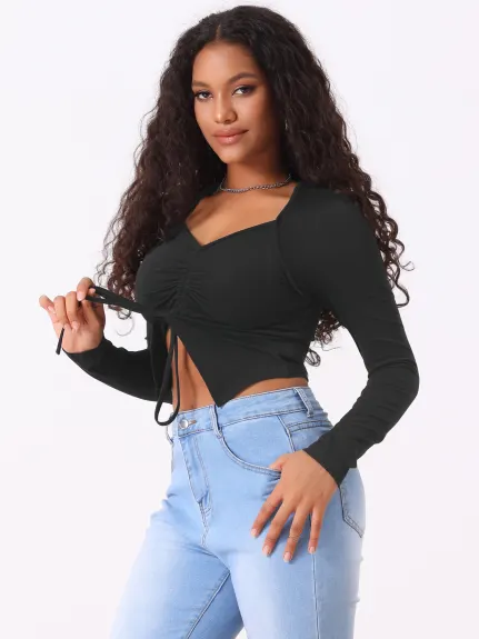 Allegra K - Ruched V Neck Drawstring Crop Top