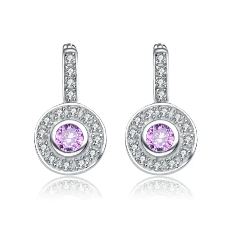 Rachel Glauber White Gold Plated Round Dangle Earrings with Pink Cubic Zirconia