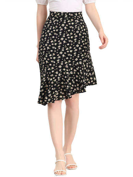 Allegra K- Asymmetrical Ruffle Floral Midi Skirt