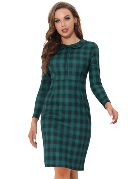 Allegra K- Peter Pan Collar Long Sleeve Gingham Bodycon Pencil Sheath Dress