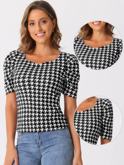 INSPIRE CHIC - Short Sleeve Houndstooth Work Blouse