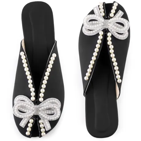 Allegra K - Floral Print Peep Toe Slip-on Pearl Flat Slides