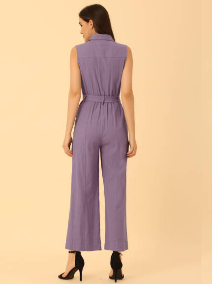 Allegra K- Sleeveless Collared Tie Waist Coverall Button Down Jumpsuit