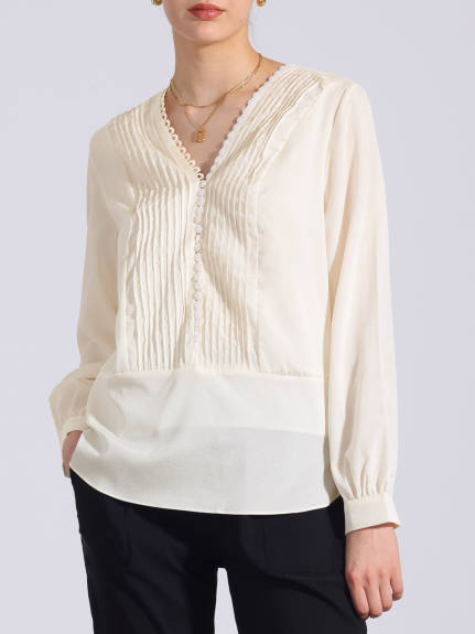 INSPIRE CHIC - V Neck Pleated Front ong Sleeve Blouse