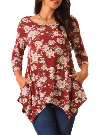 Allegra K - Floral 3/4 Sleeve Asymmetrical Tunic Top