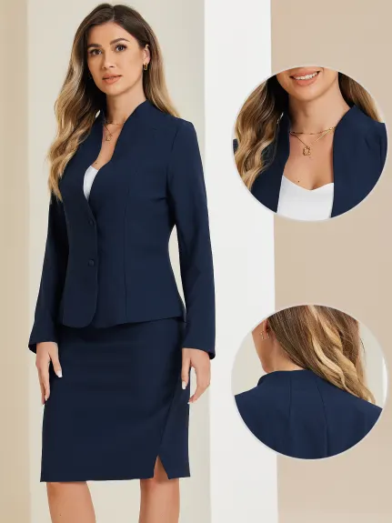 Allegra K - Collarless Blazer and Pencil Skirt Suit