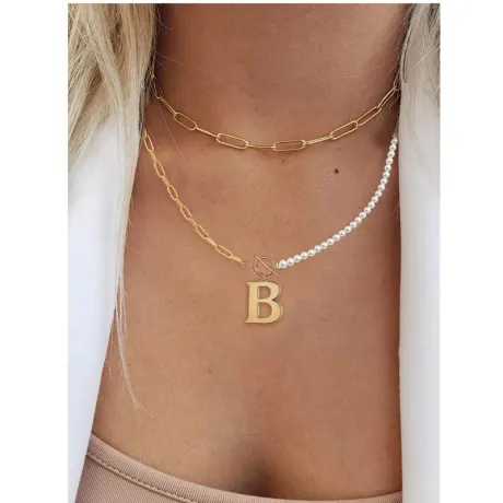 Rachel Glauber 14K Gold Plated Initial "B" Pearl Link Chain Necklace