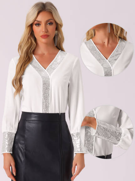 Allegra K - V Neck Sequin Trim Long Sleeve Blouse