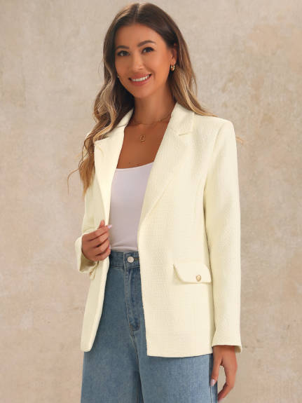 Allegra K - Notched Lapel Shoulder Pads Tweed Blazer