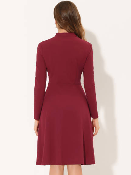 Allegra K- Tie Neck Knit Long Sleeve Midi Sheath Dress