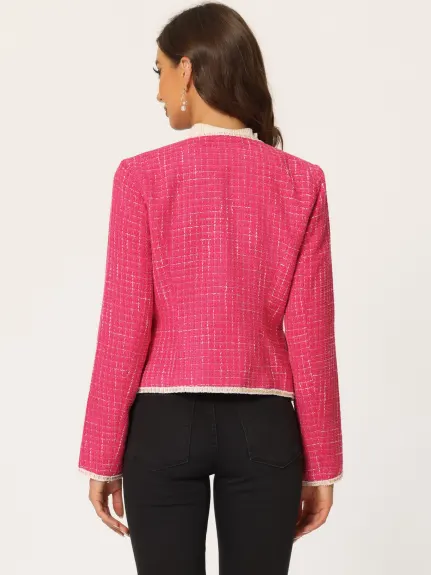 Allegra K- Plaid Tweed Open Front Short Blazer