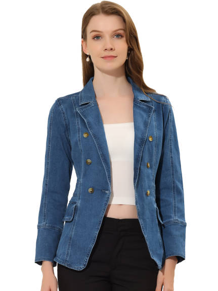 Allegra K- Notched Lapel Button Denim Jacket with Pockets