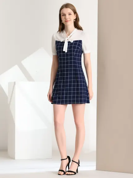 Allegra K- Plaid Panel Tie Neck Puff Short Sleeve Dress