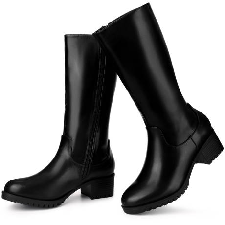 Allegra K - Round Toe Low Block Heels Mid Calf Boots