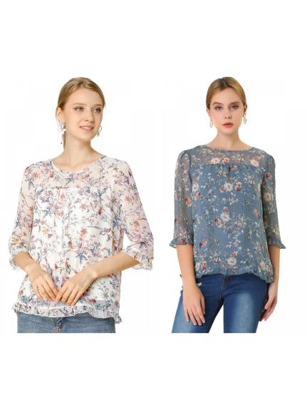 Allegra K- Floral 3/4 Sleeve Ruffle Blouse Pack, GreyBlue Combo2