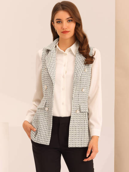 Allegra K- Plaid Tweed Lapel Open Front Blazer Vest