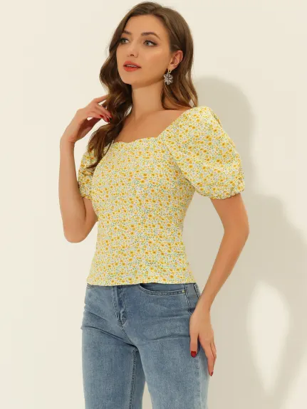 Allegra K- Puff Sleeve Sweetheart Neck Smocked Floral Top