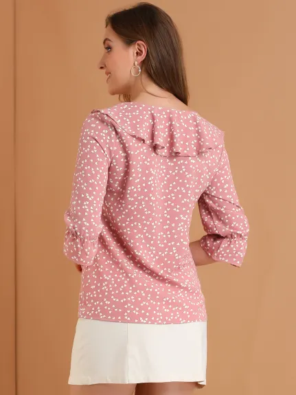 Allegra K- Ruffled Collar Elbow Sleeve Heart Print Blouse