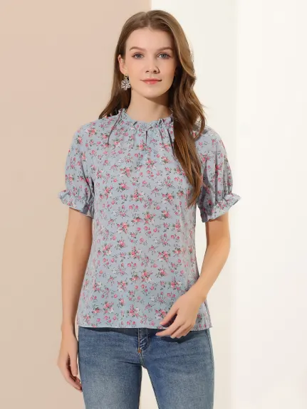 Allegra K- Floral Short Sleeve Ruffle Neck Blouse