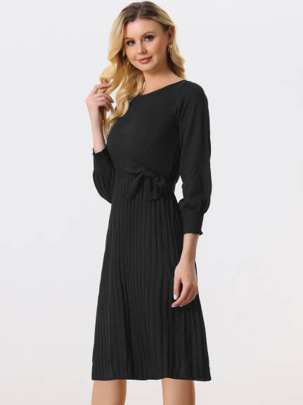 Allegra K- Knit Belted Crew Neck Lantern Sleeves Sweater Dress