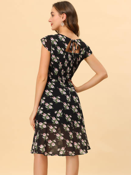 Allegra K- Smocked Sweetheart Cap Sleeve Cinched Floral Chiffon Midi Dress