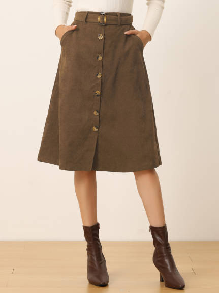 Allegra K - Button Front A-Line Belted Corduroy Skirt