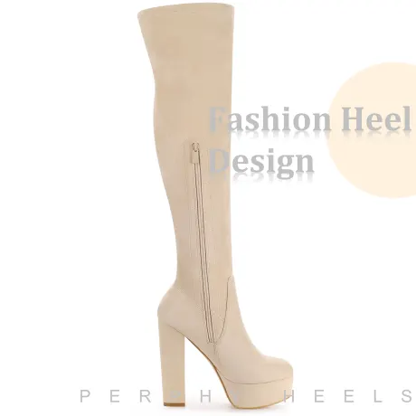 Allegra K- Block High Heel Platform Solid Thigh High Boots