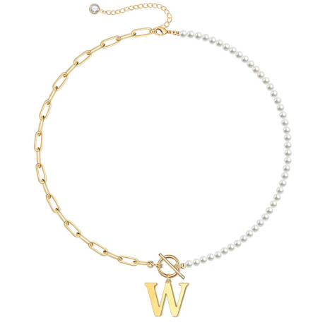 Rachel Glauber 14K Gold Plated Initial "W" Pearl Link Chain Necklace