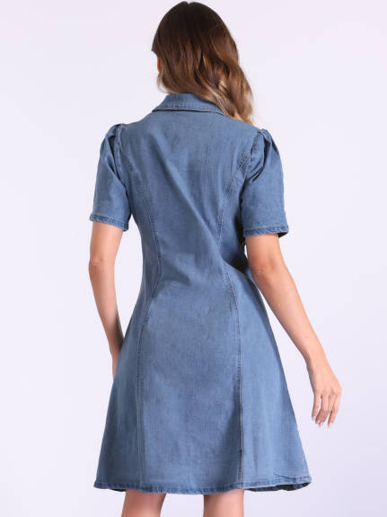 Allegra K - Puff Sleeve Button Down Collared Denim Dress