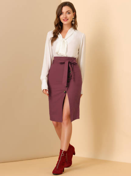 Allegra K - Button Decor Split Belted Pencil Skirt